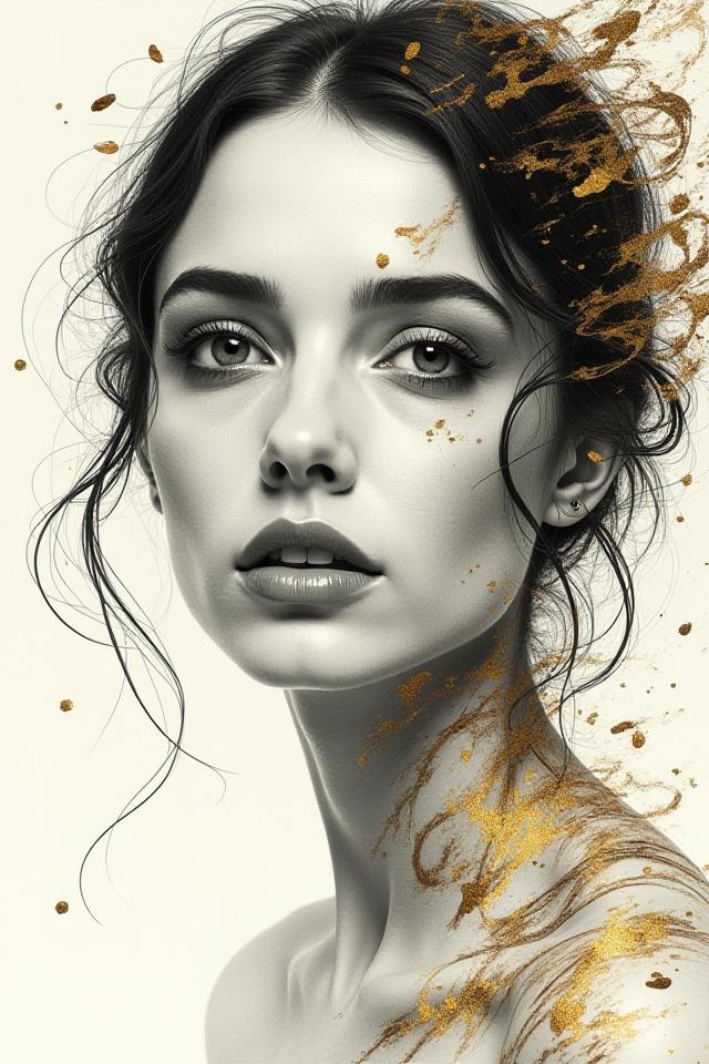 Ritratto stilizzato arricchito da dettagli calligrafici